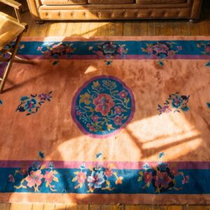 Antique Art Deco Small Scatter Size Wool Coral Rug (SKU 22899) - styled overhead view