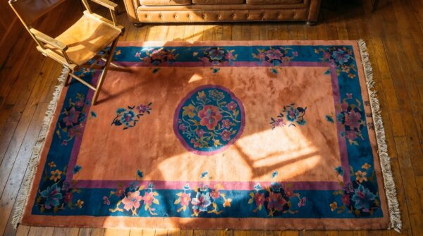 Antique art deco small scatter size wool coral rug (sku 22899) - styled overhead view