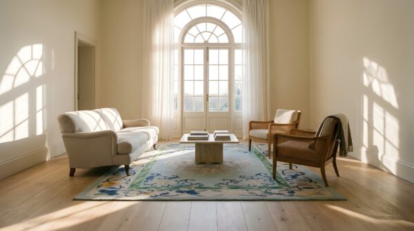 Antique art deco small scatter size wool light rug 7 Antique art deco small scatter size wool light rug (sku 24023) - room view
