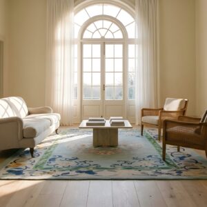 Antique Art Deco Small Scatter Size Wool Light Rug (SKU 24023) - styled overhead view