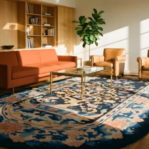 Antique Art Deco Small Scatter Size Oval Wool Blue Navy Rug (SKU 24562) - room view