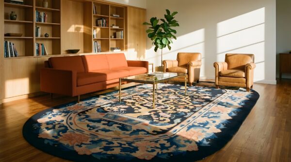 Antique art deco small scatter size oval wool blue navy rug 6 Antique art deco small scatter size oval wool blue navy rug (sku 24562) - room view