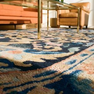Antique Art Deco Small Scatter Size Oval Wool Blue Navy Rug (SKU 24562) - in-room detail