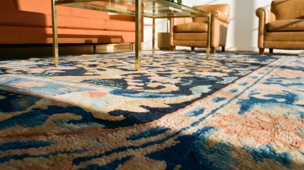 Antique art deco small scatter size oval wool blue navy rug 7 Antique art deco small scatter size oval wool blue navy rug (sku 24562) - in-room detail