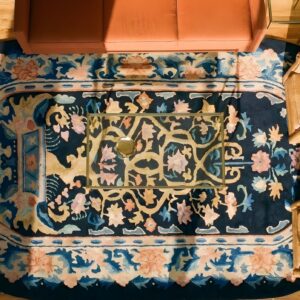 Antique Art Deco Small Scatter Size Oval Wool Blue Navy Rug (SKU 24562) - styled overhead view
