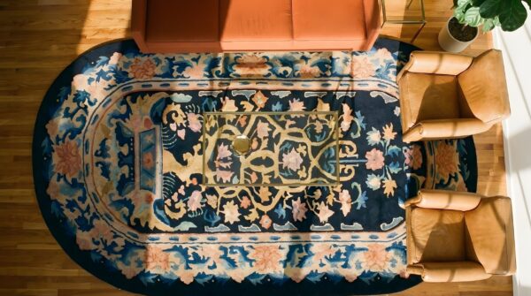Antique art deco small scatter size oval wool blue navy rug 2 Antique art deco small scatter size oval wool blue navy rug (sku 24562) - styled overhead view