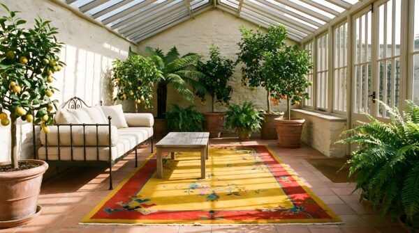 Antique art deco small scatter size wool pink, yellow rug 8 Antique art deco small scatter size wool pink, yellow rug (sku 24243) - room view