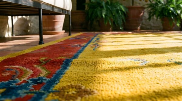 Antique art deco small scatter size wool pink, yellow rug 9 Antique art deco small scatter size wool pink, yellow rug (sku 24243) - in-room detail