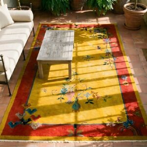 Antique Art Deco Small Scatter Size Wool Pink, Yellow Rug (SKU 24243) - styled overhead view