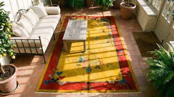 Antique art deco small scatter size wool pink, yellow rug 2 Antique art deco small scatter size wool pink, yellow rug (sku 24243) - styled overhead view