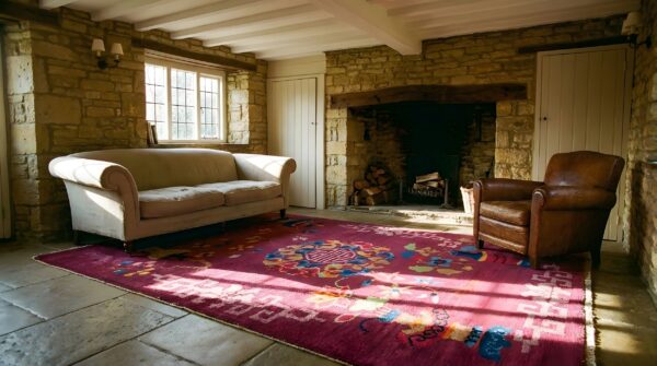 Antique art deco small scatter size purple wool rug (sku 24244) - room view