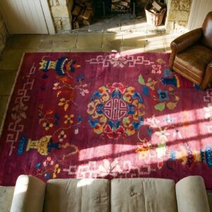 Antique Art Deco Small Scatter Size Purple Wool Rug (SKU 24244) - styled overhead view