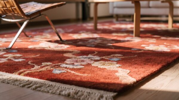Antique art deco small scatter size wool red rug (sku 24186) - in-room detail