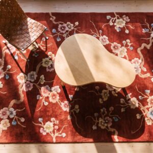 Antique Art Deco Small Scatter Size Wool Red Rug (SKU 24186) - styled overhead view