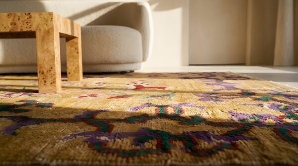 Antique art deco small square wool ivory beige cream white rug 7 Antique art deco small square wool ivory beige cream white rug (sku 24579) - in-room detail