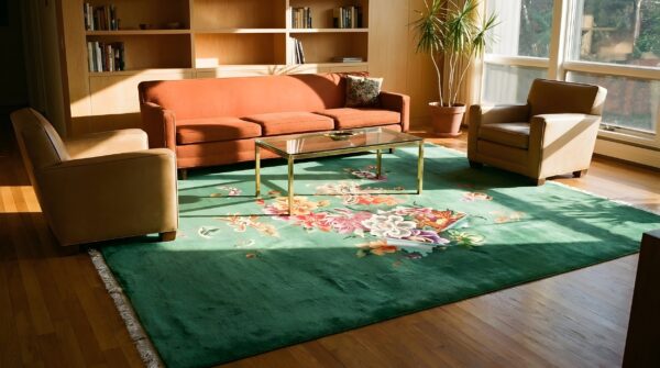 Antique art deco hand knotted square chinese green 1920s wool rug 2 Antique art deco hand knotted square chinese green 1920s wool rug (sku 24028) - styled overhead view