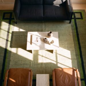Antique Art Deco Square French Geometric Flat Weave Rug (SKU 24268) - styled overhead view