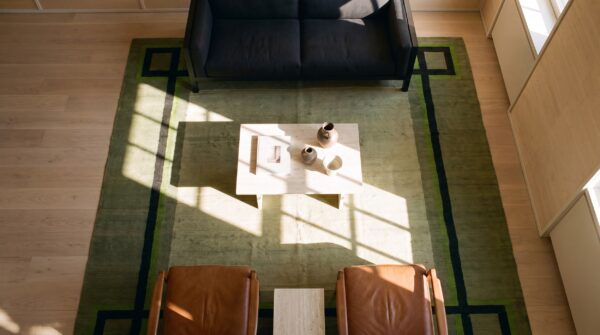 Antique art deco square french geometric flat weave rug 2 Antique art deco square french geometric flat weave rug (sku 24268) - styled overhead view