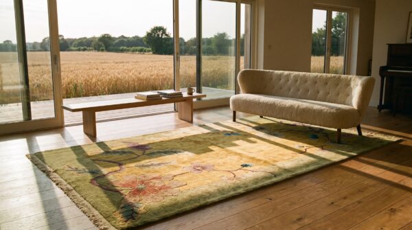 Antique art deco square small scatter size wool yellow rug 9 Antique art deco square small scatter size wool yellow rug (sku 24428) - room view