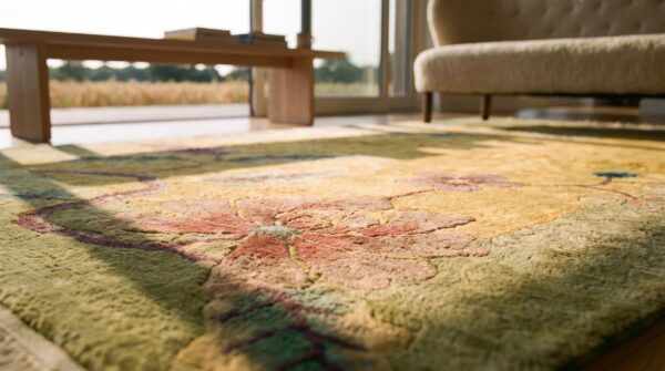Antique art deco square small scatter size wool yellow rug 10 Antique art deco square small scatter size wool yellow rug (sku 24428) - in-room detail