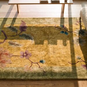 Antique Art Deco Square Small Scatter Size Wool Yellow Rug (SKU 24428) - styled overhead view