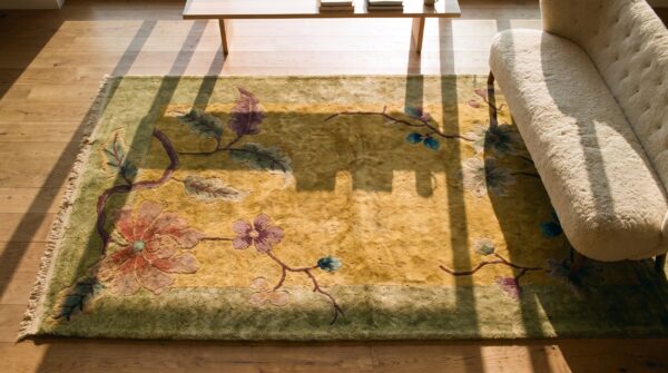 Antique art deco square small scatter size wool yellow rug 2 Antique art deco square small scatter size wool yellow rug (sku 24428) - styled overhead view