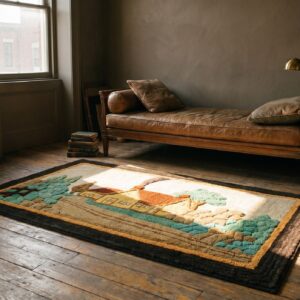 Antique Artistic American Folk Art Scenic Cabin Design Hooked Rug (SKU 19731) - room view
