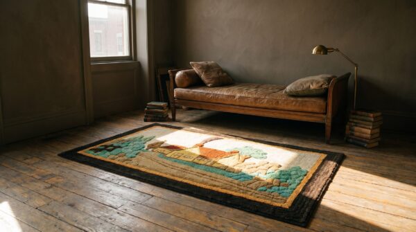 Antique artistic american folk art scenic cabin design hooked rug 12 Antique artistic american folk art scenic cabin design hooked rug (sku 19731) - room view