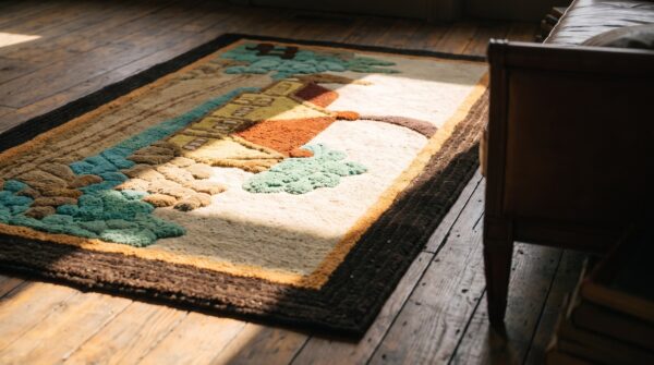 Antique artistic american folk art scenic cabin design hooked rug 13 Antique artistic american folk art scenic cabin design hooked rug (sku 19731) - in-room detail