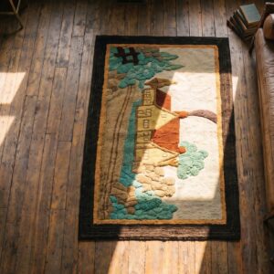 Antique Artistic American Folk Art Scenic Cabin Design Hooked Rug (SKU 19731) - styled overhead view