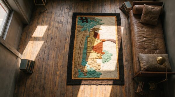 Antique artistic american folk art scenic cabin design hooked rug 2 Antique artistic american folk art scenic cabin design hooked rug (sku 19731) - styled overhead view