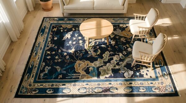 Artistic animal design antique room size chinese peking rug (sku 25167) - styled overhead view