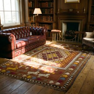 Antique Artistic Animal and Geometric People Design Indian Agra Rug (SKU 20364) - room view