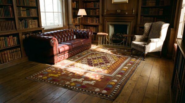 Antique artistic animal and geometric people design indian agra rug 7 Antique artistic animal and geometric people design indian agra rug (sku 20364) - room view