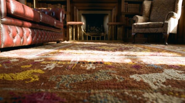Antique artistic animal and geometric people design indian agra rug 8 Antique artistic animal and geometric people design indian agra rug (sku 20364) - in-room detail