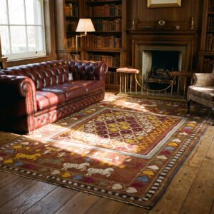Antique Artistic Animal and Geometric People Design Indian Agra Rug (SKU 20364) - styled overhead view