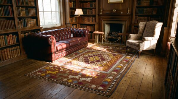 Antique artistic animal and geometric people design indian agra rug 2 Antique artistic animal and geometric people design indian agra rug (sku 20364) - styled overhead view