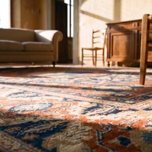 Artistic Animal Hunting Scene Room Size Antique Persian Khorassan late 19th Century Rug (SKU 21817) - in-room detail