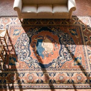 Artistic Animal Hunting Scene Room Size Antique Persian Khorassan late 19th Century Rug (SKU 21817) - styled overhead view