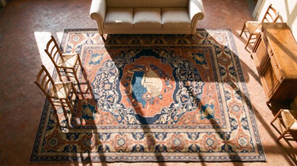 Artistic animal hunting scene room size antique persian khorassan late 19th century rug 2 Artistic animal hunting scene room size antique persian khorassan late 19th century rug (sku 21817) - styled overhead view