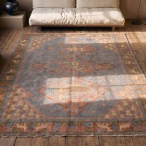 Artistic Art Nouveau Animal Design Room Size Antique Israeli Marbediah Rug (SKU 20817) - styled overhead view