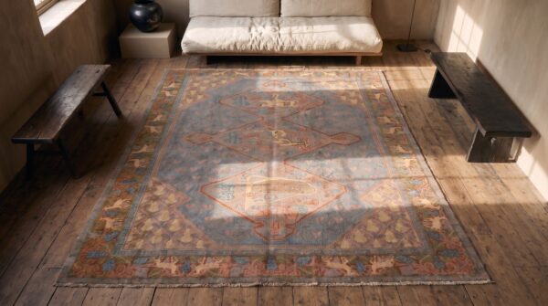 Artistic art nouveau animal design room size antique israeli marbediah rug 2 Artistic art nouveau animal design room size antique israeli marbediah rug (sku 20817) - styled overhead view