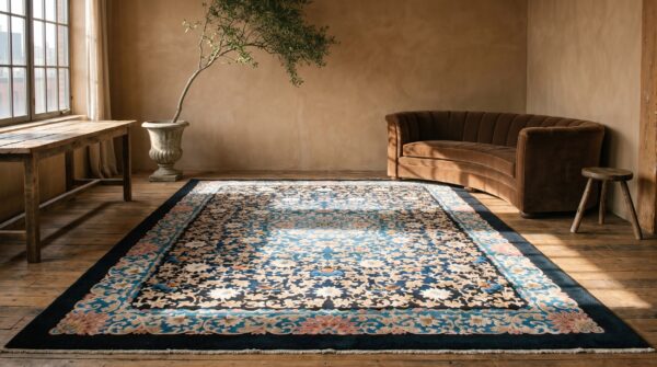 Antique artistic blue on blue floral design chinese art deco rug 6 Antique artistic blue on blue floral design chinese art deco rug (sku 22300) - room view