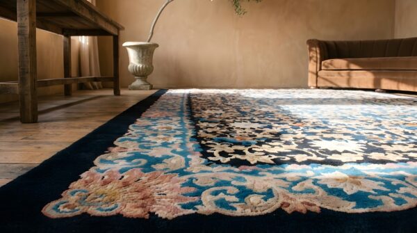 Antique artistic blue on blue floral design chinese art deco rug 7 Antique artistic blue on blue floral design chinese art deco rug (sku 22300) - in-room detail