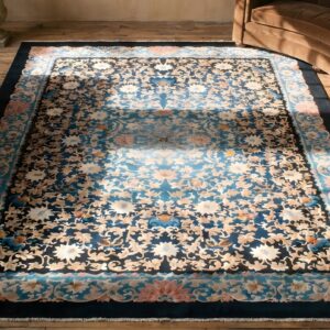 Antique Artistic Blue on Blue Floral Design Chinese Art Deco Rug (SKU 22300) - styled overhead view