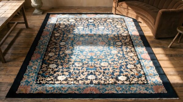 Antique artistic blue on blue floral design chinese art deco rug 2 Antique artistic blue on blue floral design chinese art deco rug (sku 22300) - styled overhead view