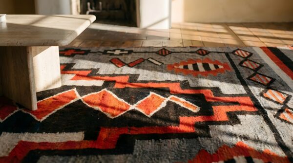 Artistic bold tribal design antique native american flatweave navajo rug 15 Artistic bold tribal design antique native american flatweave navajo rug (sku 23798) - in-room detail