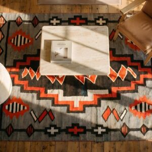 Artistic Bold Tribal Design Antique Native American Flatweave Navajo Rug (SKU 23798) - styled overhead view