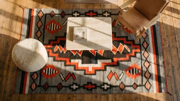 Artistic bold tribal design antique native american flatweave navajo rug 2 Artistic bold tribal design antique native american flatweave navajo rug (sku 23798) - styled overhead view