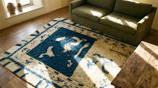 Antique artistic chinese dragons design wool pile hand knotted rug 2 Antique artistic chinese dragons design wool pile hand knotted rug (sku 24776) - styled overhead view